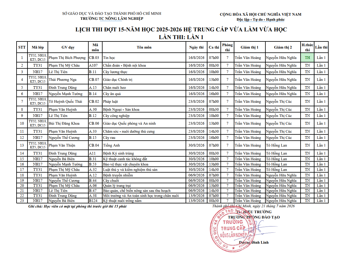 Lịch thi đợt 15 năm học 2025-2026 hệ trung cấp VLVH TY31-NH17-TY32-NH18-KT5-DC15